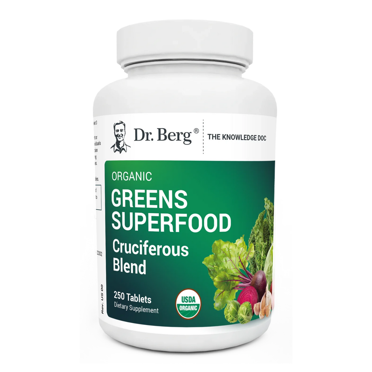 Organic Greens Superfood Cruciferous Blend, 250 tablets, front view, bottle with Dr. Berg branding and vegetables on the cover.