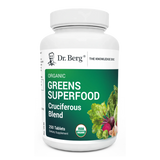 Organic Greens Superfood Cruciferous Blend, 250 tablets, front view, bottle with Dr. Berg branding and vegetables on the cover.