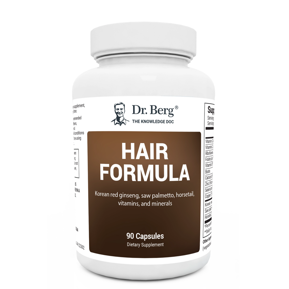 Hair Formula containing Korean red ginseng, saw palmetto, horsetail, vitamins, and minerals, 90 capsules, front view, bottle with Dr. Berg branding.