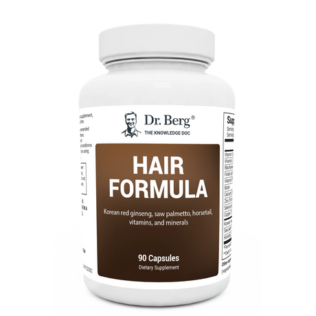 Hair Formula containing Korean red ginseng, saw palmetto, horsetail, vitamins, and minerals, 90 capsules, front view, bottle with Dr. Berg branding.