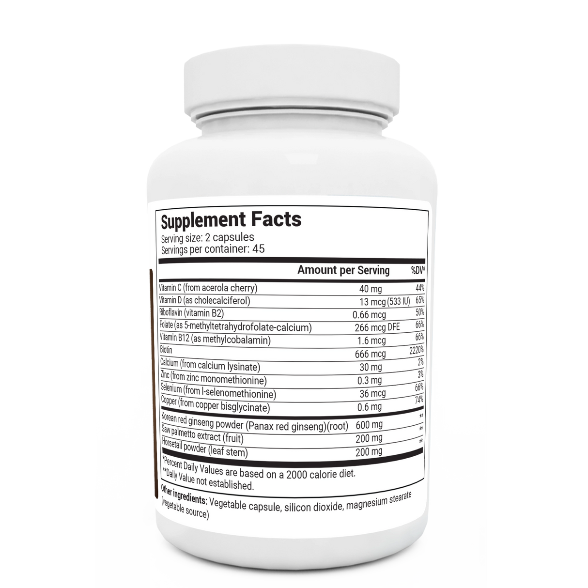 Hair Formula bottle label, right side view, supplement facts. 