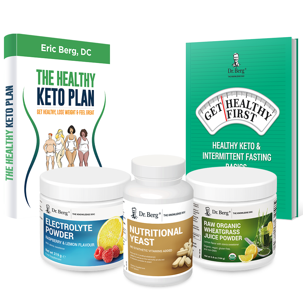 Dr. Berg's Keto Kit: 2 books and 3 supplement bottles.