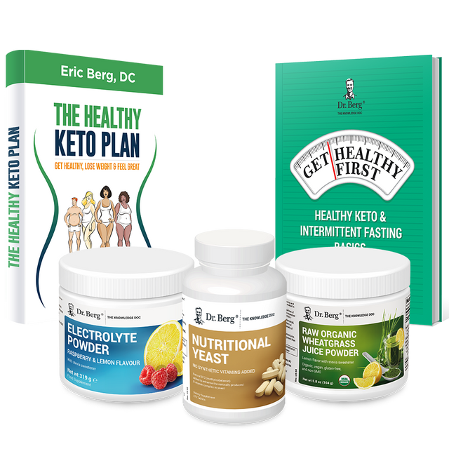 Dr. Berg's Keto Kit: 2 books and 3 supplement bottles.