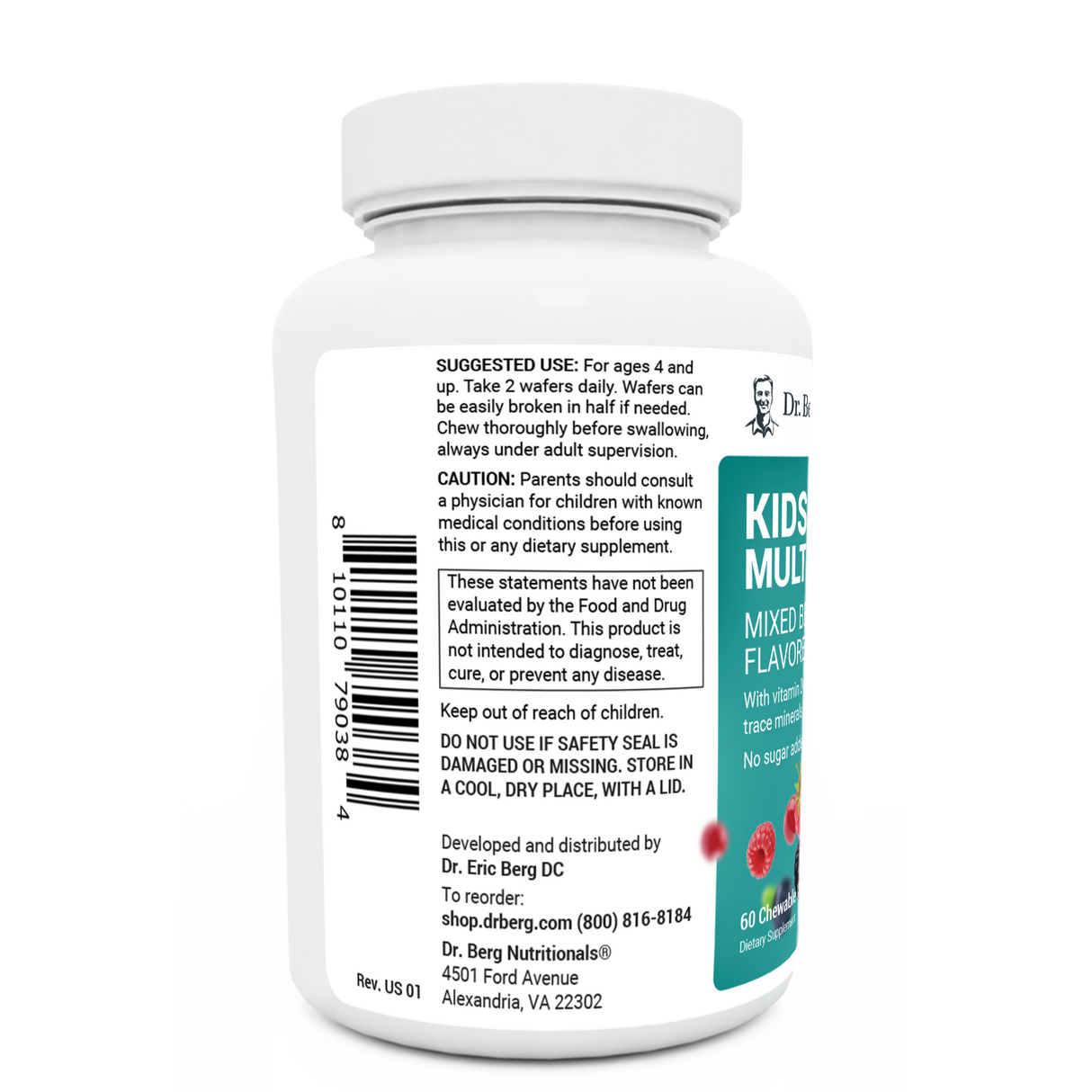 Kids Multivitamin bottle label, left side view, suggested use instructions, safety warning details. 