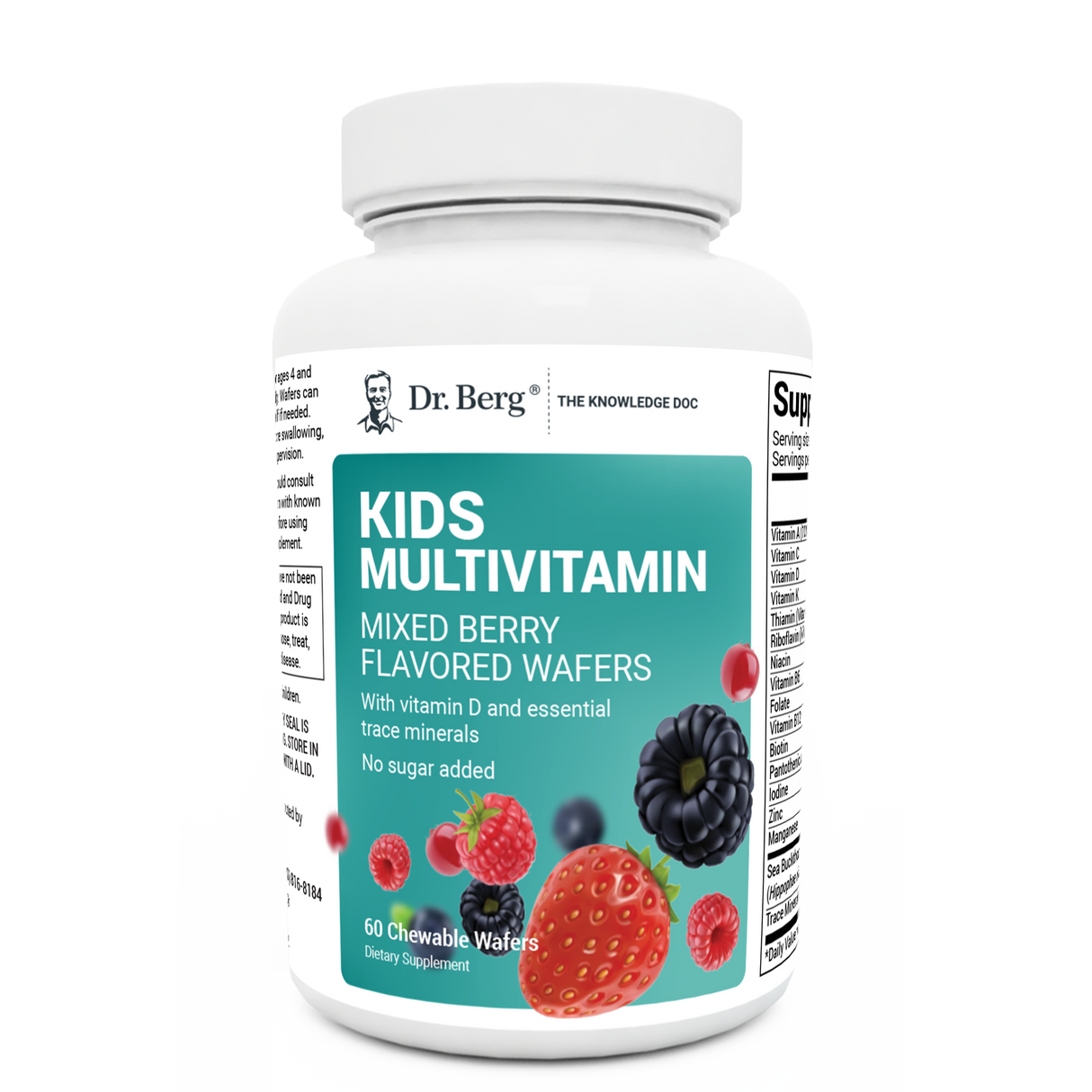 Kids Multivitamin, mixed berry flavored wafers, no sugar added, 60 chewable wafers, front view, bottle with Dr. Berg branding and mixed berries on the cover.