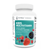 Kids Multivitamin, mixed berry flavored wafers, no sugar added, 60 chewable wafers, front view, bottle with Dr. Berg branding and mixed berries on the cover.