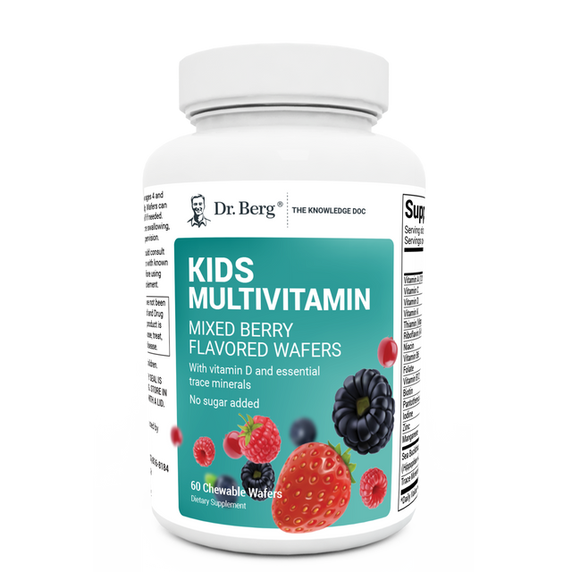 Kids Multivitamin, mixed berry flavored wafers, no sugar added, 60 chewable wafers, front view, bottle with Dr. Berg branding and mixed berries on the cover.