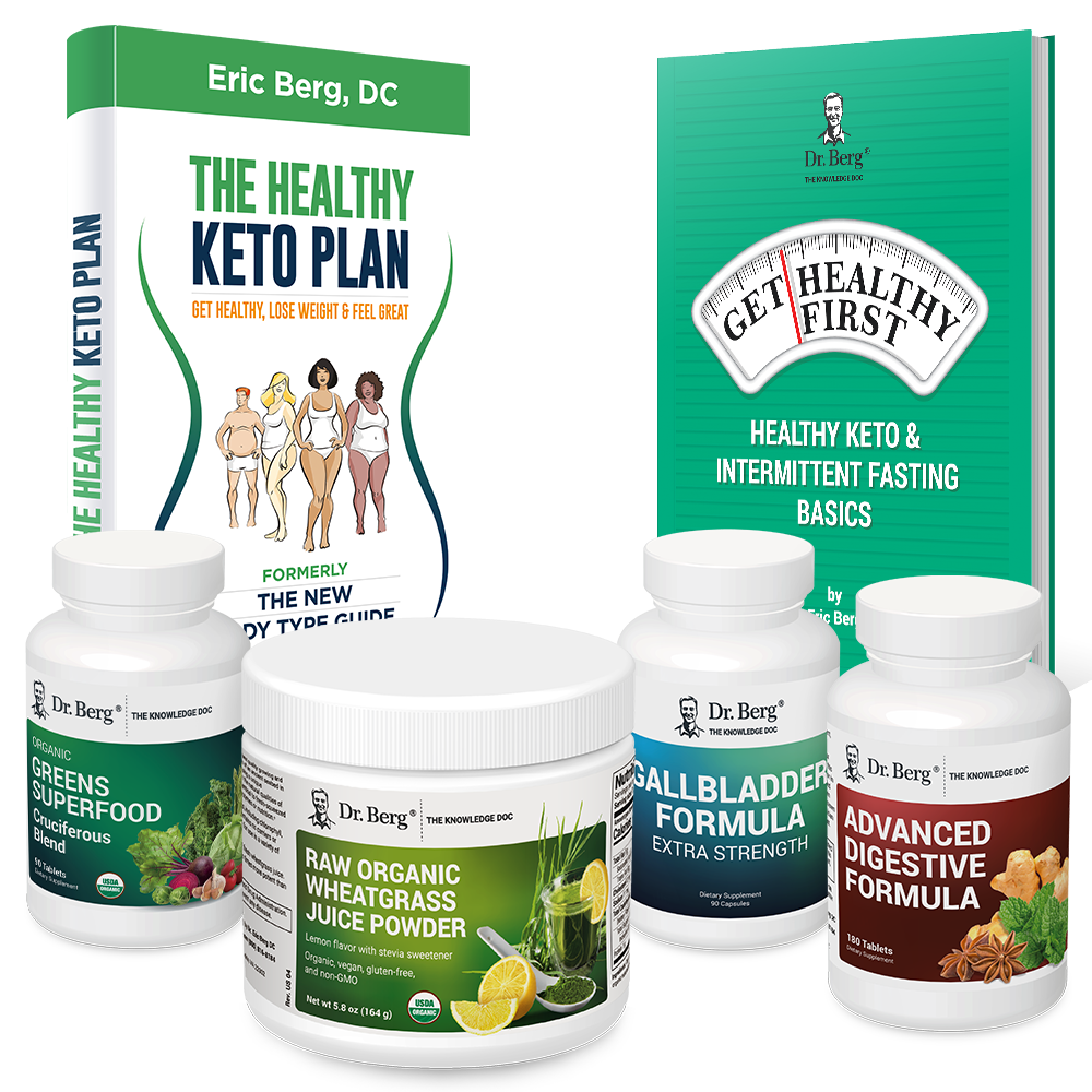 Dr. Berg's Liver Body Type Package: 2 books and 4 supplement bottles.