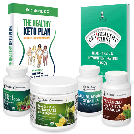 Dr. Berg's Liver Body Type Package: 2 books and 4 supplement bottles.