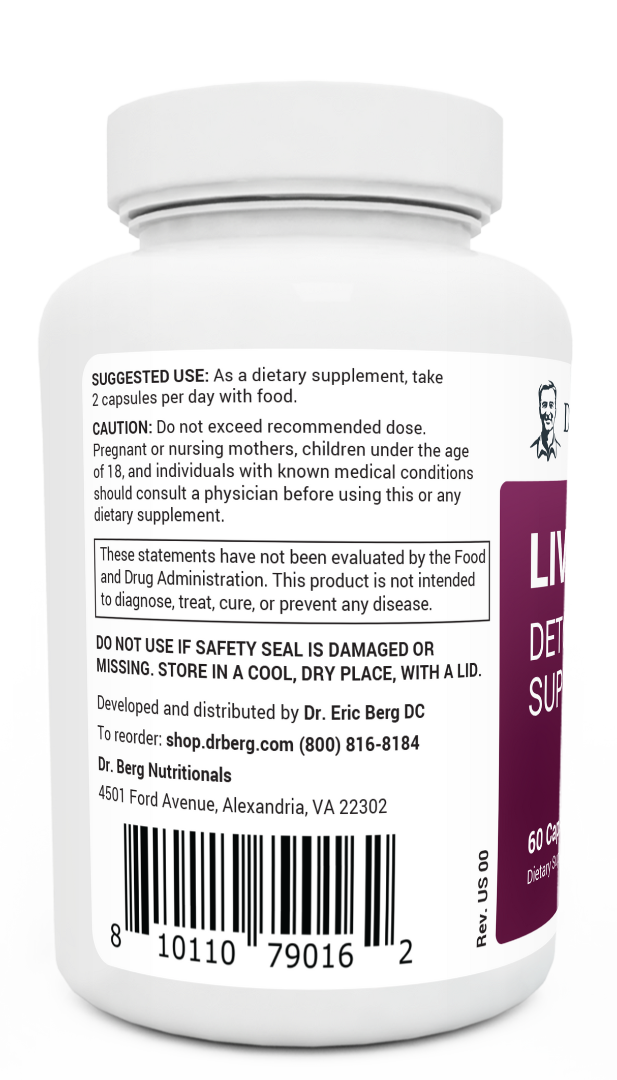 Liver Cleanse Detox Repair Support bottle label, left side view, suggested use instructions, safety warning details.