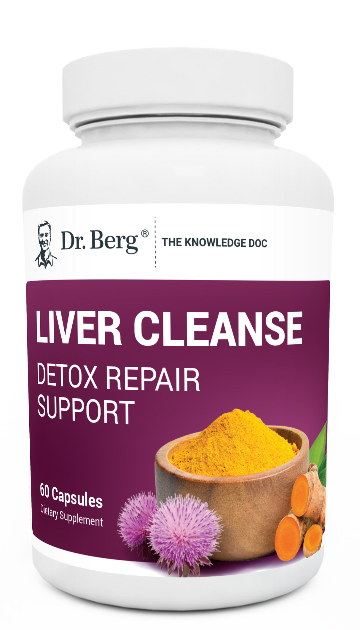 Liver Cleanse Detox Repair Support, 60 capsules, front view, bottle with Dr. Berg branding.