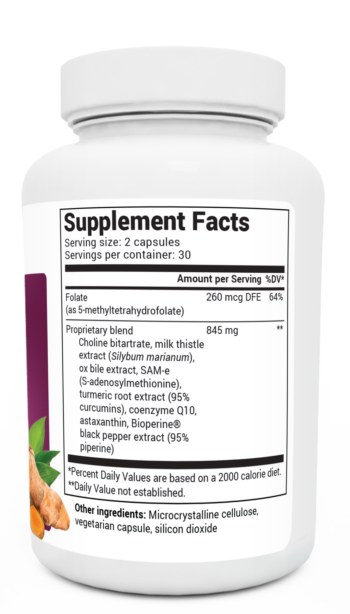 Liver Cleanse Detox Repair Support bottle label, right side view, supplement facts. 