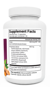 Liver Cleanse Detox Repair Support bottle label, right side view, supplement facts. 