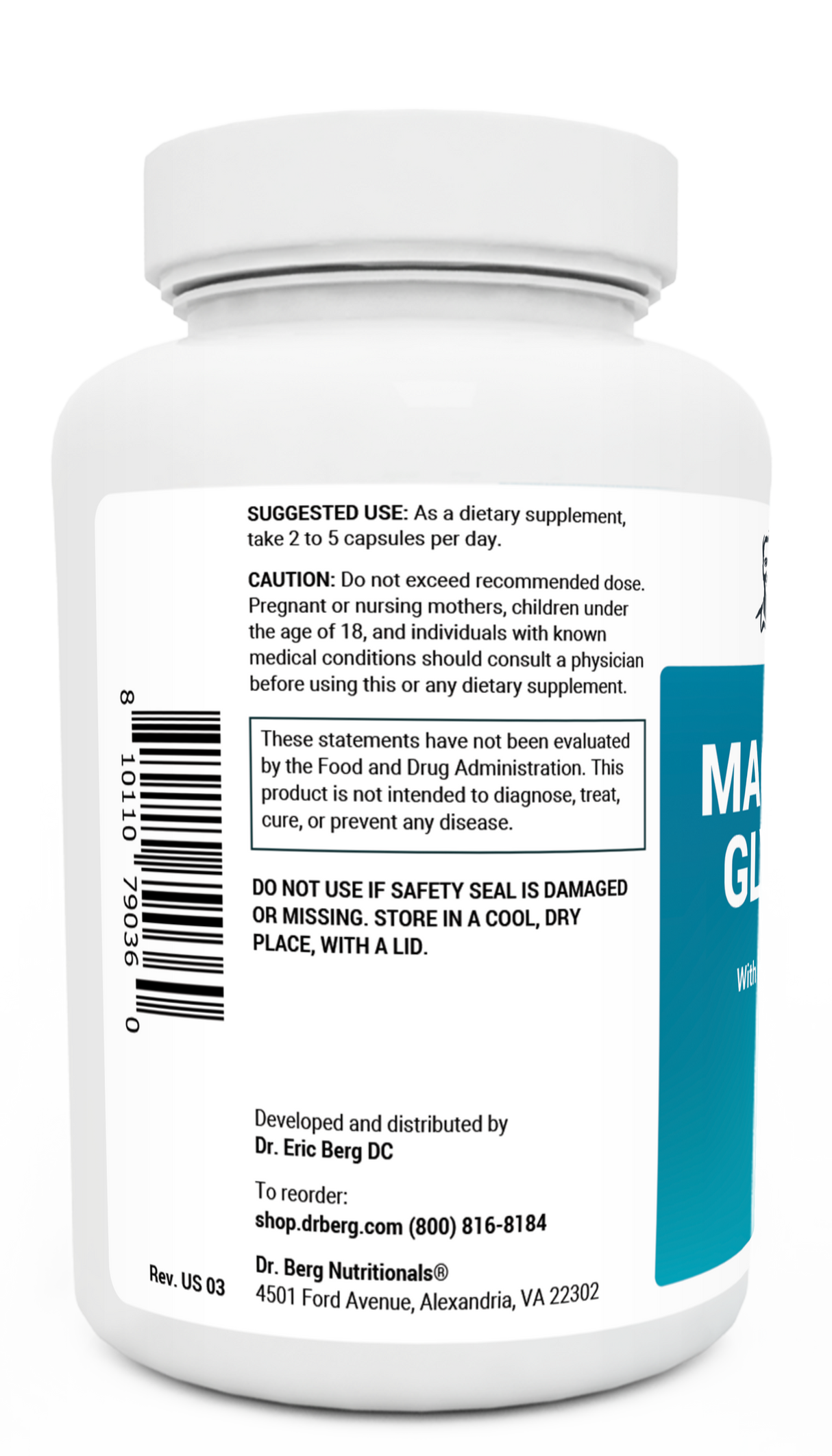 Magnesium Glycinate bottle label, left side view, suggested use instructions, safety warning details.