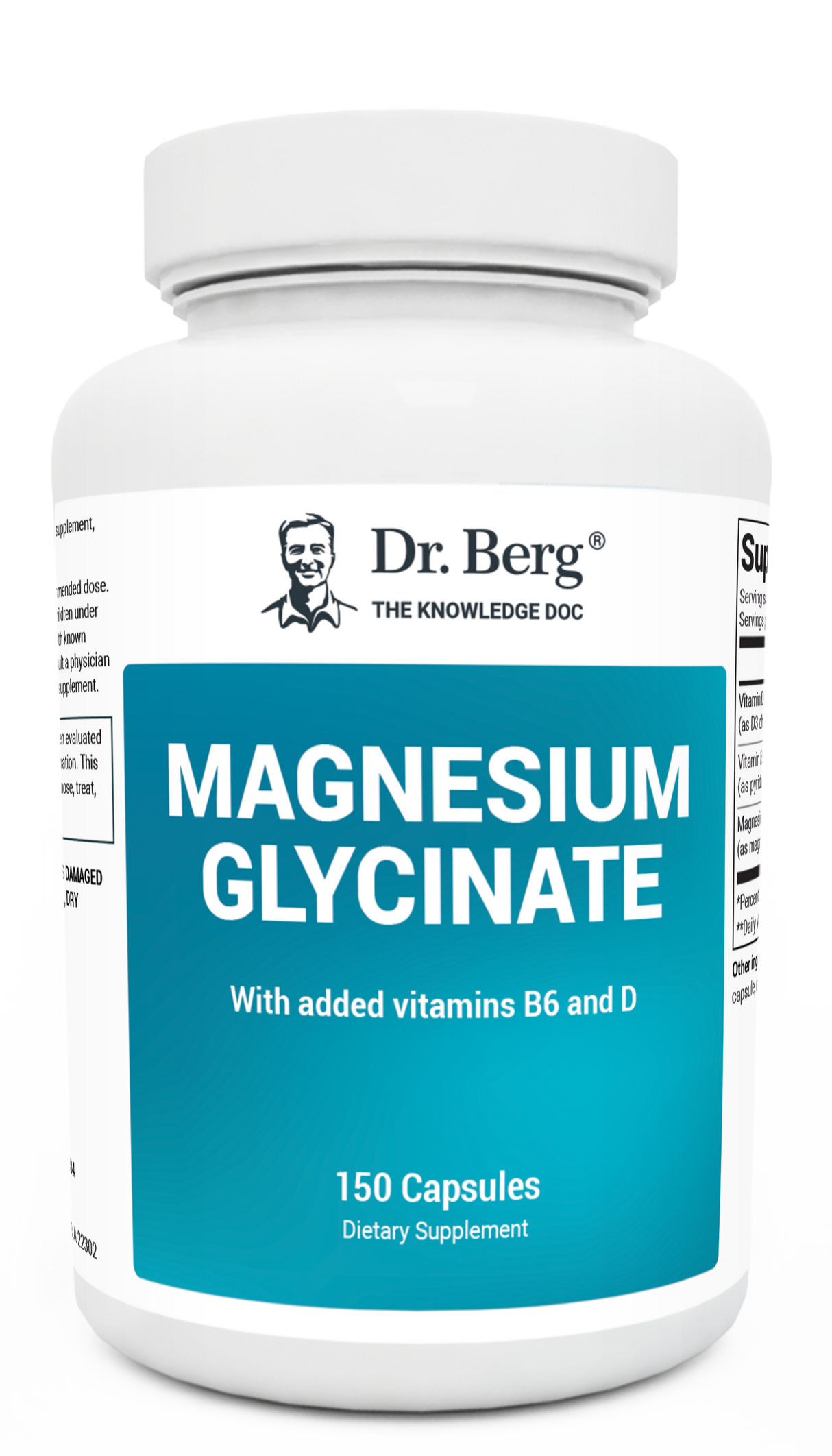 Magnesium Glycinate with added vitamin B6 and D, 150 capsules, front view, bottle with Dr. Berg branding.