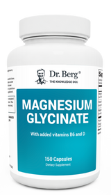 Magnesium Glycinate with added vitamin B6 and D, 150 capsules, front view, bottle with Dr. Berg branding.