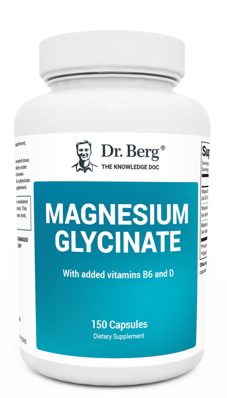 Magnesium Glycinate with added vitamin B6 and D, 150 capsules, front view, bottle with Dr. Berg branding.