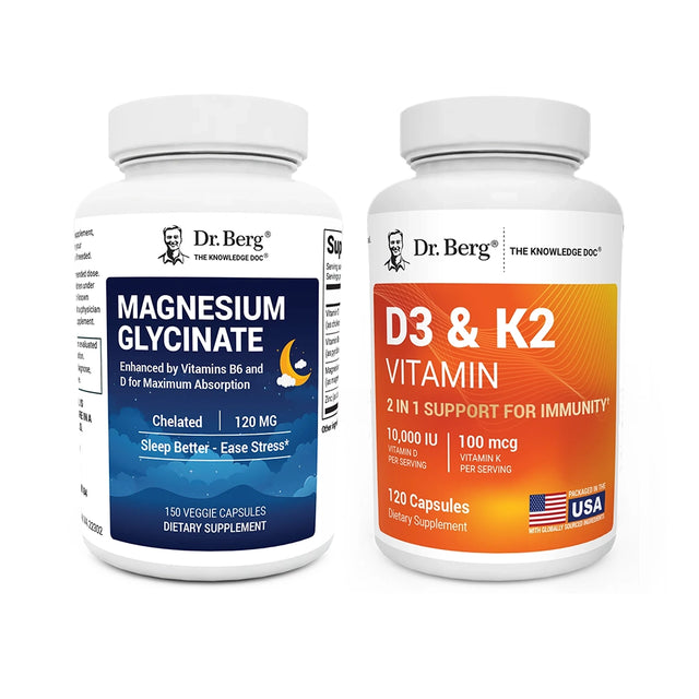 Dr. Berg magnesium glycinate and D3 K2 bottles against white background