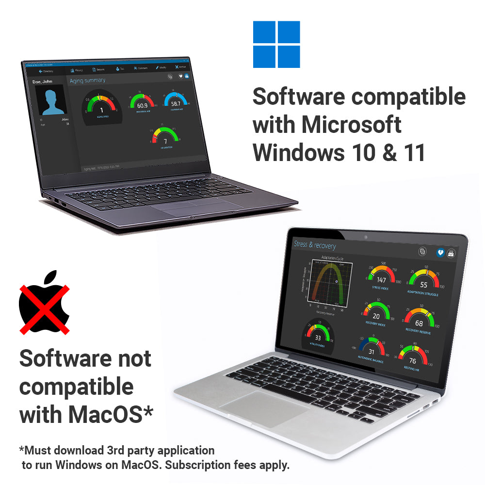 Two laptops displaying dashboard screens. Software compatible with Windows 10 and 11, not compatible with MacOS. Requires third-party application for MacOS. Subscription fees apply.