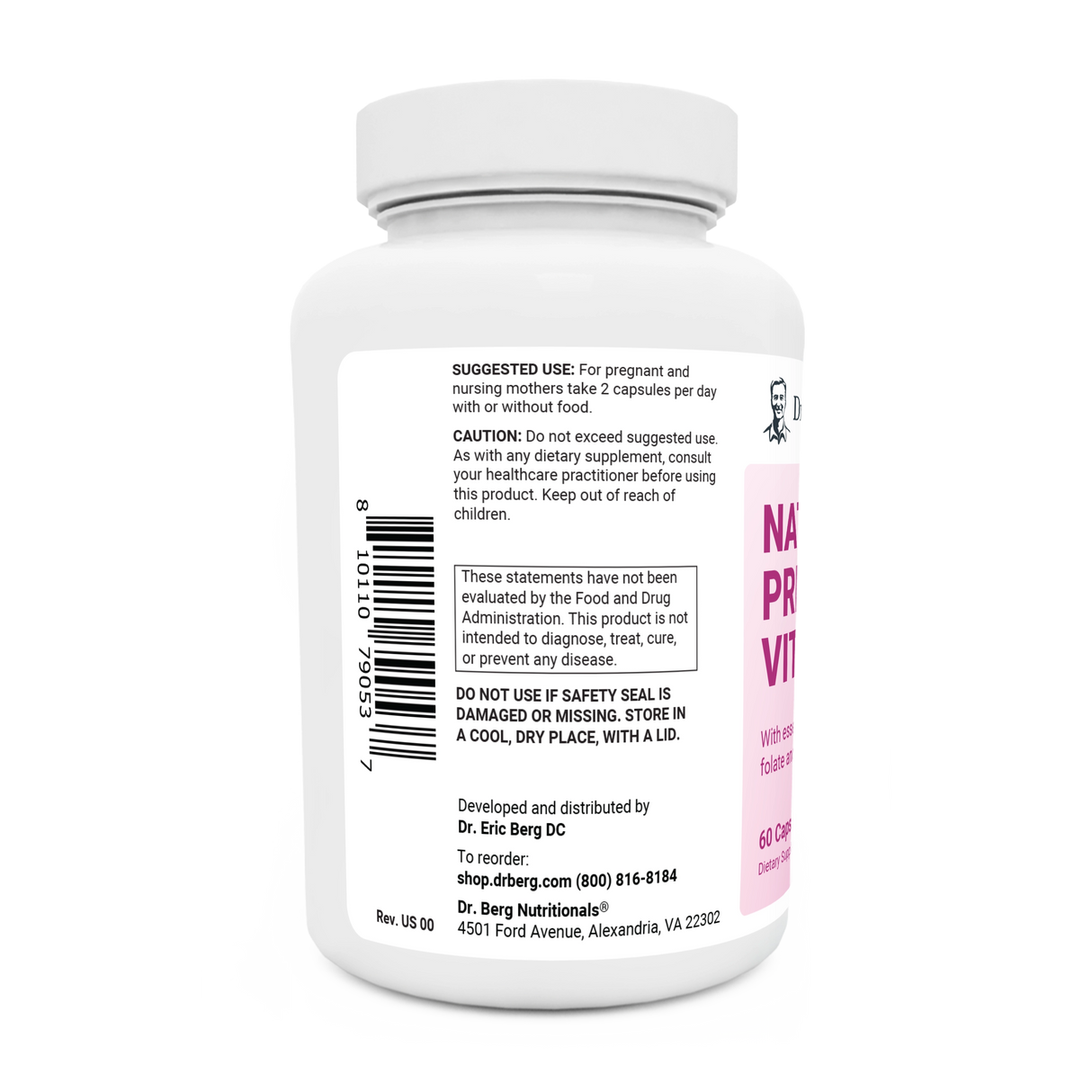 Natural Prenatal Vitamin bottle label, left side view, suggested use instructions, safety warning details.