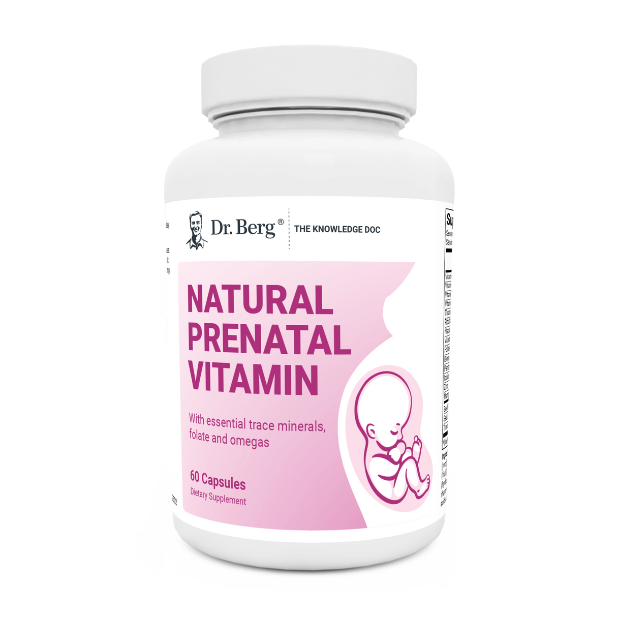 Natural Prenatal Vitamin, 60 tablets, front view, bottle with Dr. Berg branding and baby in womb on cover.