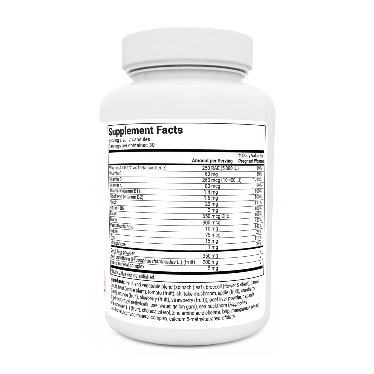 Natural Prenatal Vitamin bottle label, right side view, supplement facts. 