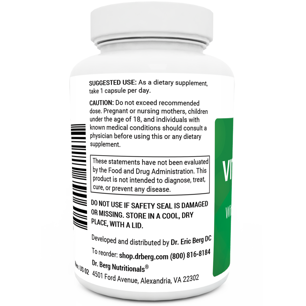 Natural Vitamin B1+ bottle label, left side view, suggested use instructions, safety warning details.