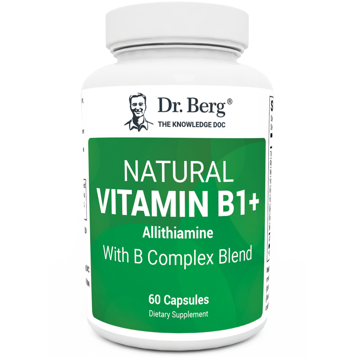 Natural Vitamin B1+, 60 capsules, front view, bottle with Dr. Berg branding.