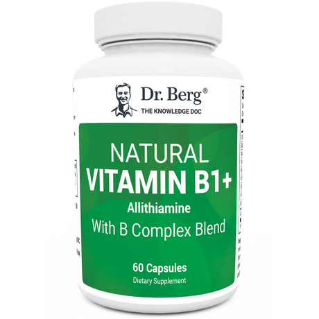 Natural Vitamin B1+, 60 capsules, front view, bottle with Dr. Berg branding.