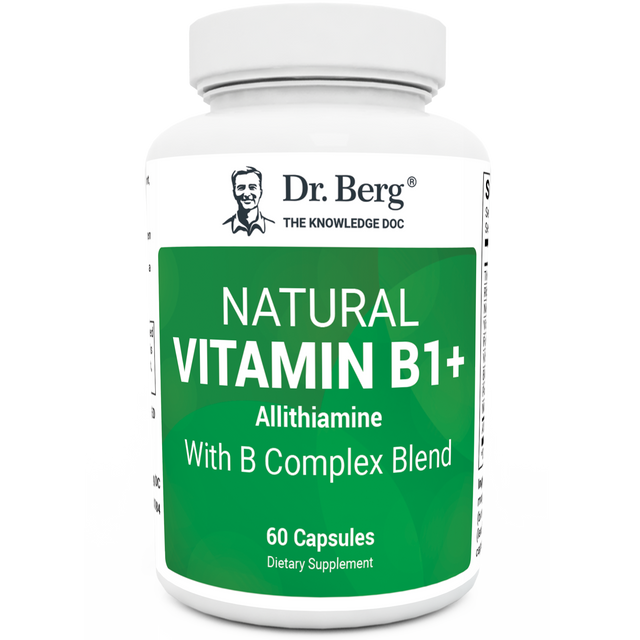 Natural Vitamin B1+, 60 capsules, front view, bottle with Dr. Berg branding.