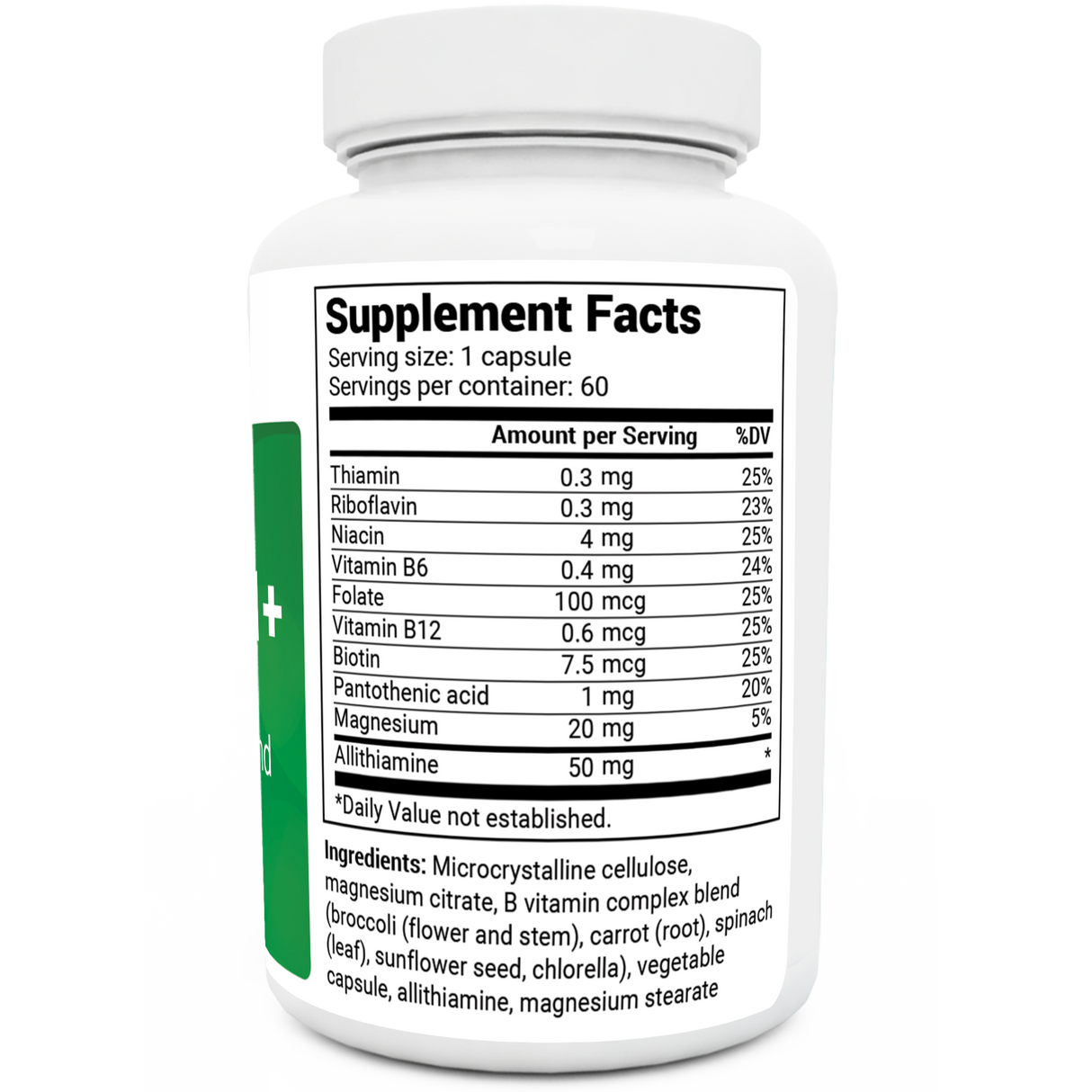 Natural Vitamin B1+ bottle label, right side view, supplement facts. 