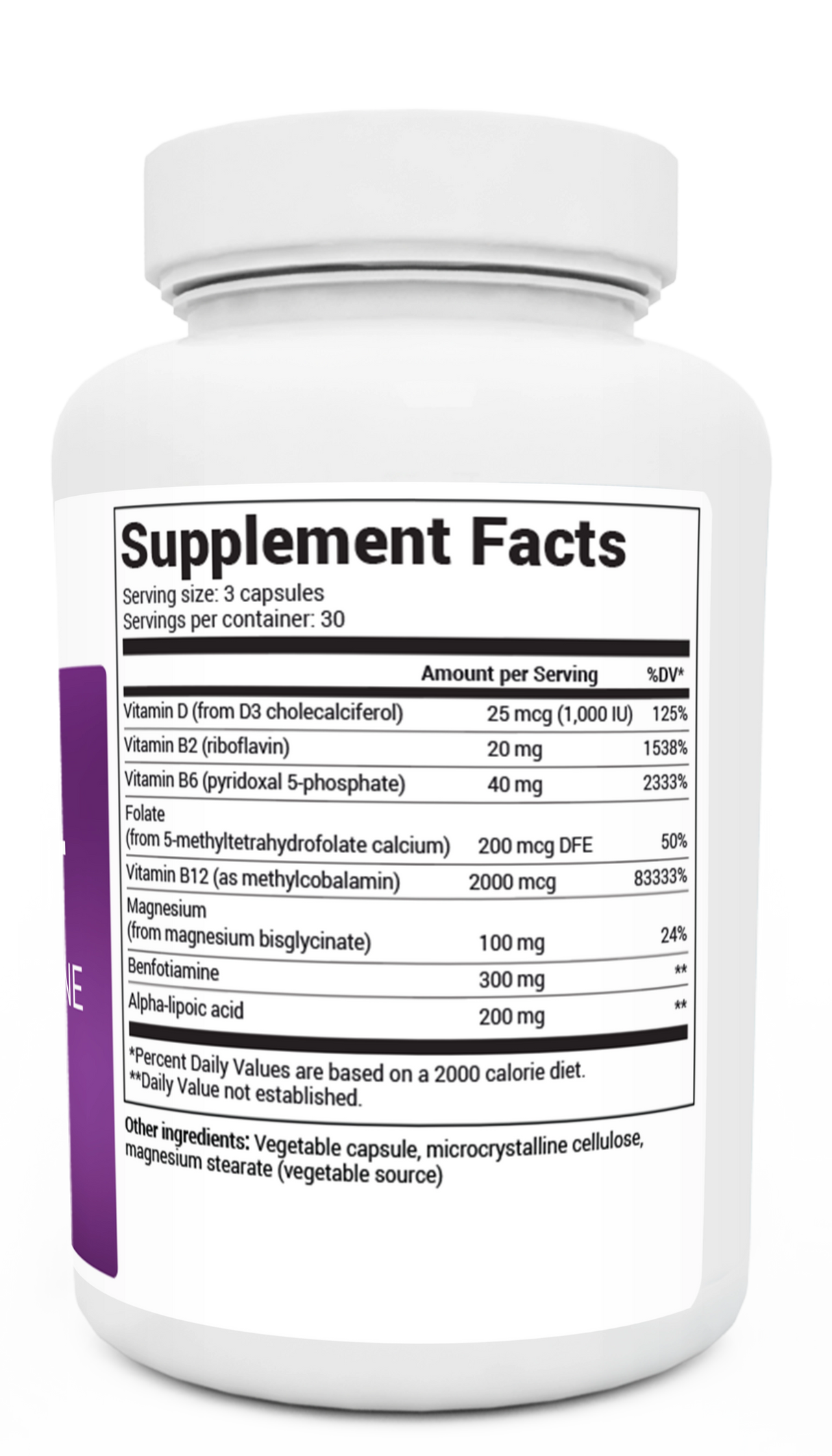 Nerve Support bottle label, right side view, supplement facts. 