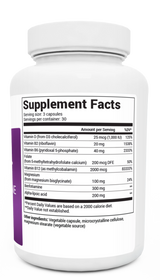 Nerve Support bottle label, right side view, supplement facts. 