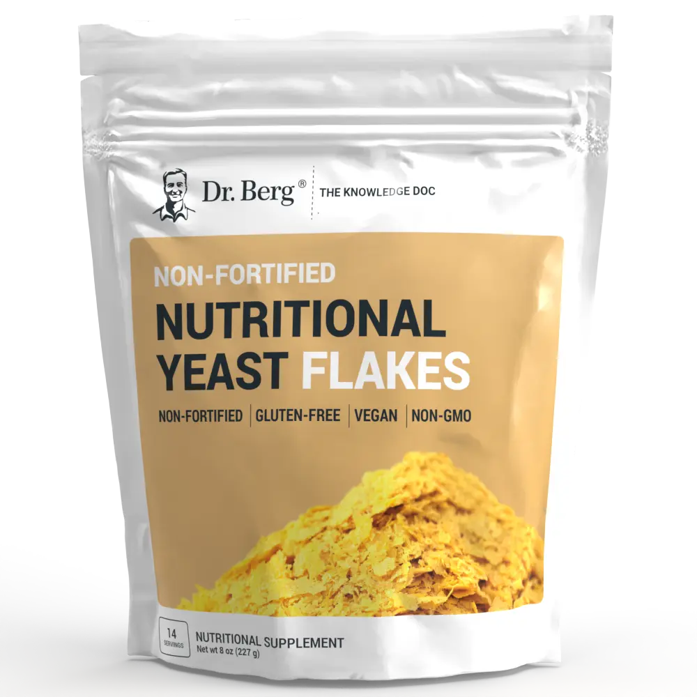 Nutritional Yeast Flakes, 8 ounces, front view, bag with Dr. Berg branding and flakes of yeast on the cover.