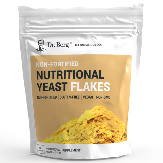 Nutritional Yeast Flakes, 8 ounces, front view, bag with Dr. Berg branding and flakes of yeast on the cover.