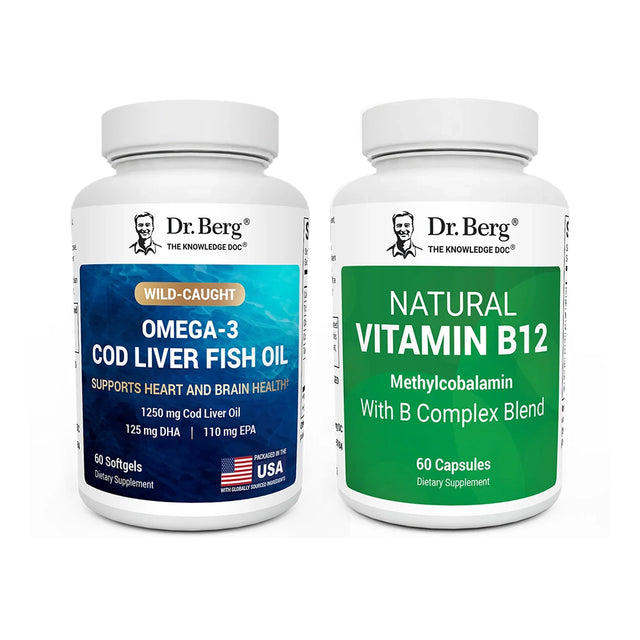 Two bottles of Dr. Berg supplements on a white background