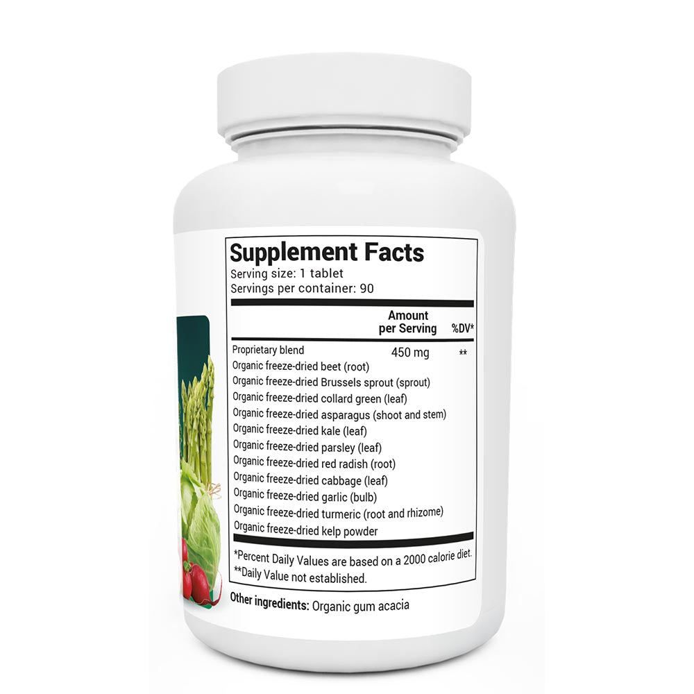 Organic Greens Superfood bottle label, 90 tablets, right side view, supplement facts. 