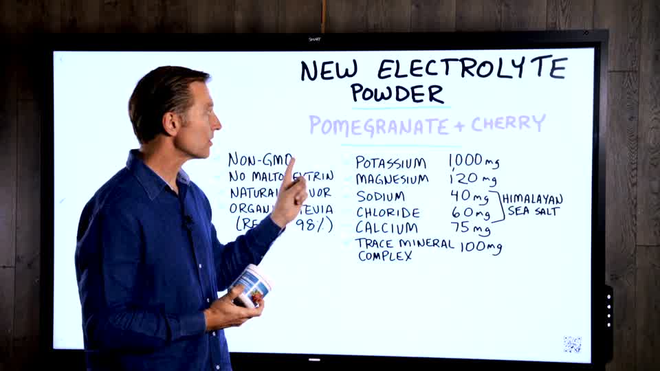 Dr. Berg discusses the new pomegranate cherry-flavored electrolyte powder. 