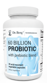 60 Billion Probiotic, 30 acid-resistant vegetable capsules, front view, bottle with Dr. Berg branding.