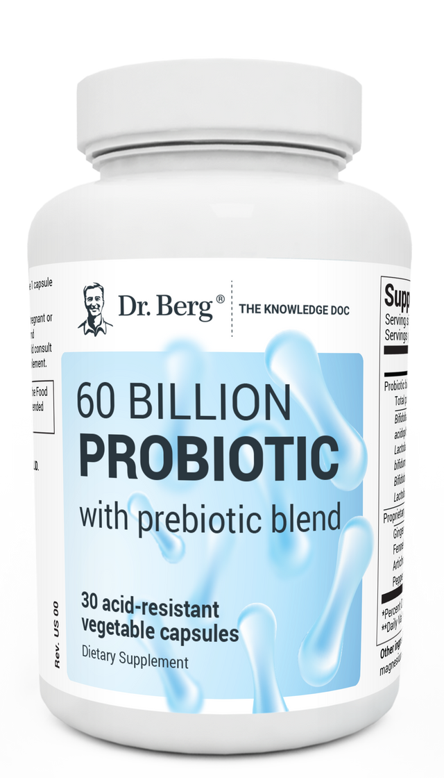 60 Billion Probiotic, 30 acid-resistant vegetable capsules, front view, bottle with Dr. Berg branding.