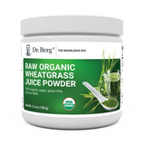 Raw Organic Wheatgrass Juice Powder, 5.3 ounces, front view, bottle with Dr. Berg branding, scoop of powder, glass of juice on cover.