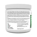 Raw Organic Wheatgrass Juice Powder bottle label, left side view, raw, vegan, gluten-free, Non-GMO, high in chlorophyll, high in trace minerals.