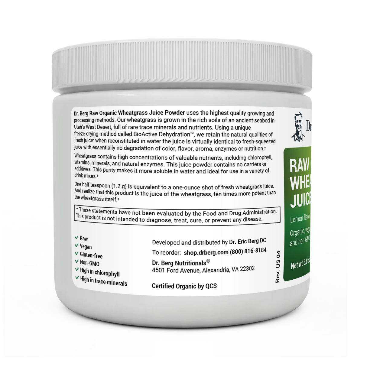 Raw Organic Wheatgrass Juice Powder Lemon Flavor bottle label, left side view, raw, vegan, gluten-free, Non-GMO, high in chlorophyll, high in trace minerals.