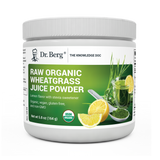 Raw Organic Wheatgrass Juice Powder Lemon Flavor, 5.8 ounces, front view, bottle with Dr. Berg branding and sliced of lemon on cover.