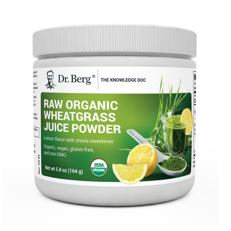 Raw Organic Wheatgrass Juice Powder Lemon Flavor, 5.8 ounces, front view, bottle with Dr. Berg branding and sliced of lemon on cover.