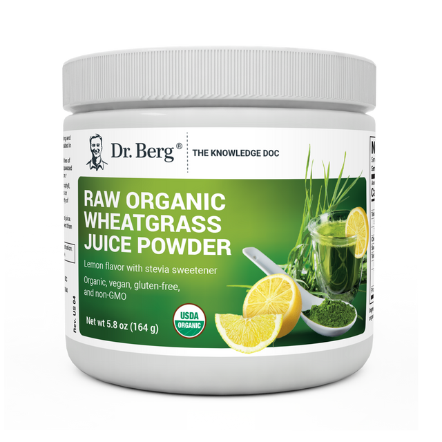 Raw Organic Wheatgrass Juice Powder Lemon Flavor, 5.8 ounces, front view, bottle with Dr. Berg branding and sliced of lemon on cover.