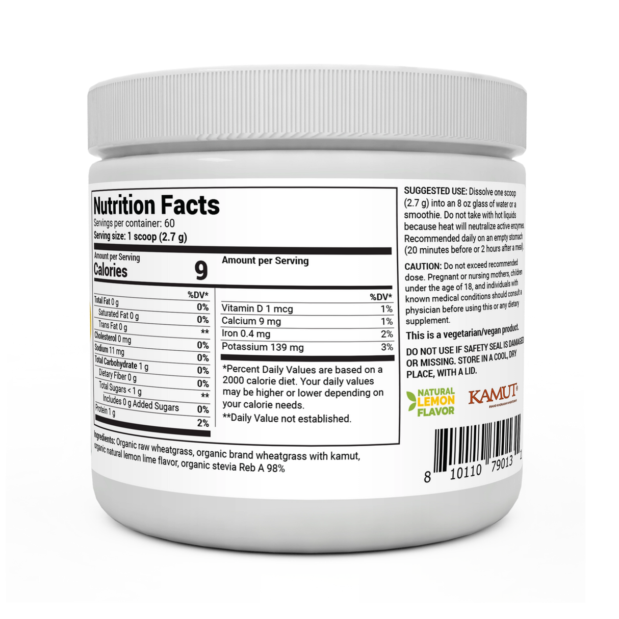 Raw Organic Wheatgrass Juice Powder Lemon Flavor bottle label, right side view, supplement facts and suggested use. 