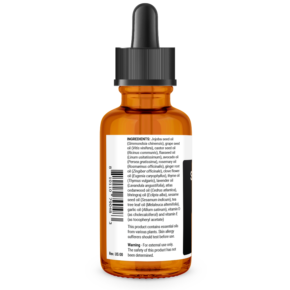 Scalp and Hair Serum bottle label, left side view, ingredient list, safety warnings.