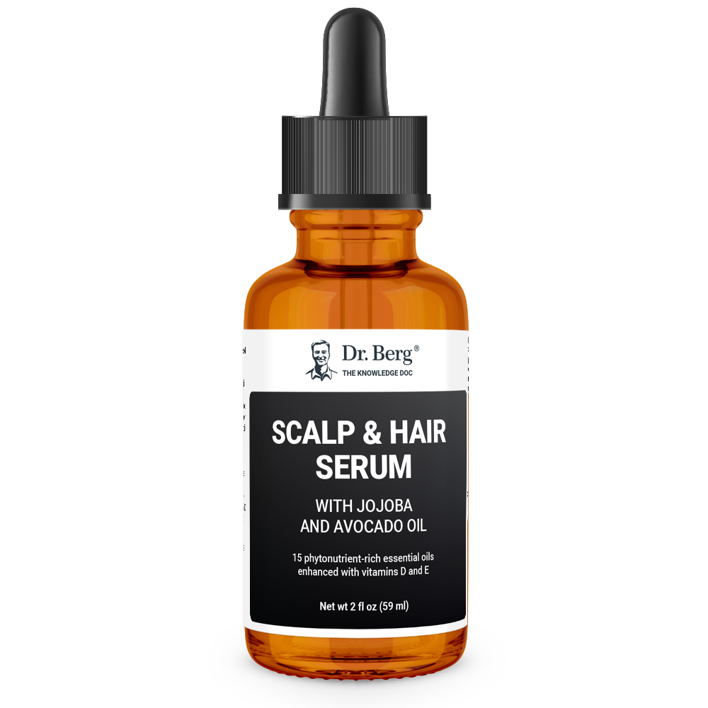 Scalp and Hair Serum with jojoba and avocado oil, 2 fluid ounces, front view, glass bottle with dropper, Dr. Berg branding.