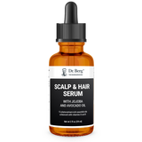 Scalp and Hair Serum with jojoba and avocado oil, 2 fluid ounces, front view, glass bottle with dropper, Dr. Berg branding.